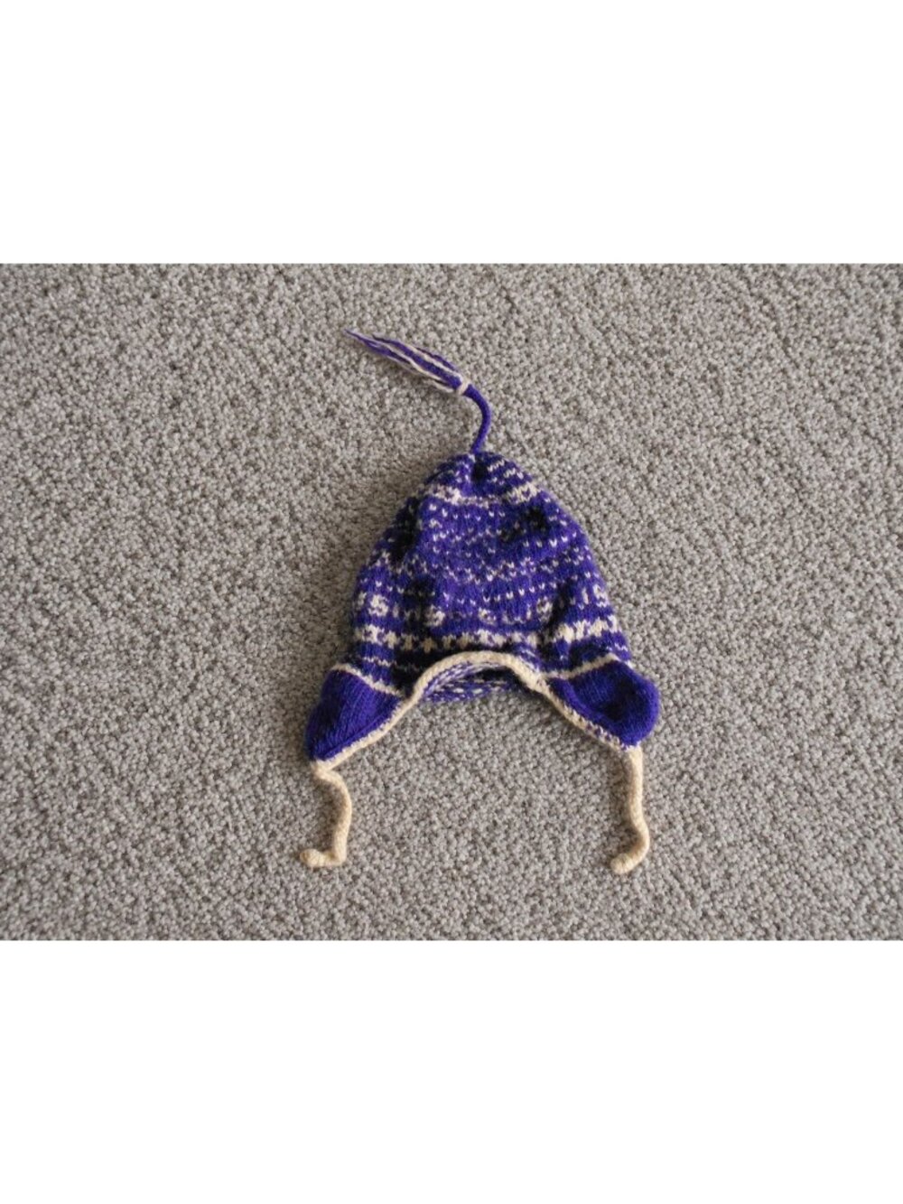 Vintage-Style Purple & Cream Knit Earflap Winter Hat Beanie with Tassel & Tie St